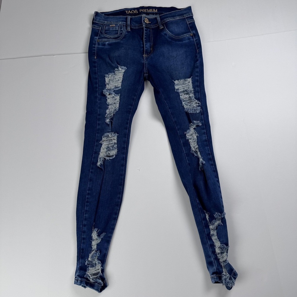Taos Jeans Juniors 11 (28x26) Blue Distressed Ripped Skinny Mid Rise Denim Pants